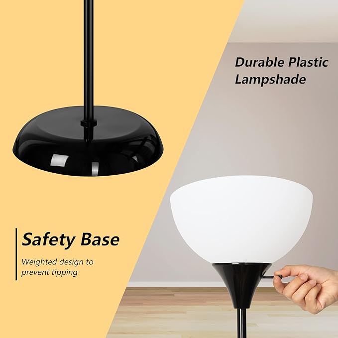 Floor Lamp, Standing Lamp for Bedroom, Drop-Resistant White Lampshade, Rotary Switch, Industrial Floor Lamp for Living Room Bedroom Study Office Kid's Room(Bright Black) - LeafyLoom