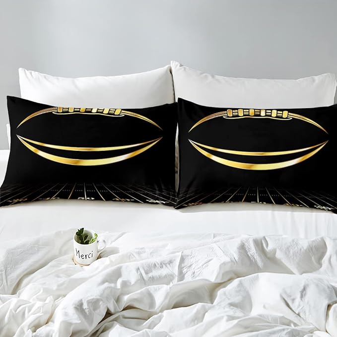 Feelyou Football Bedding Set Twin Kids Rugby Sports Comforter Set American Football Comforter Set for Boys Golden Black Room Decor Lightweight Quilt Set with 1 Pillow Case - LeafyLoom