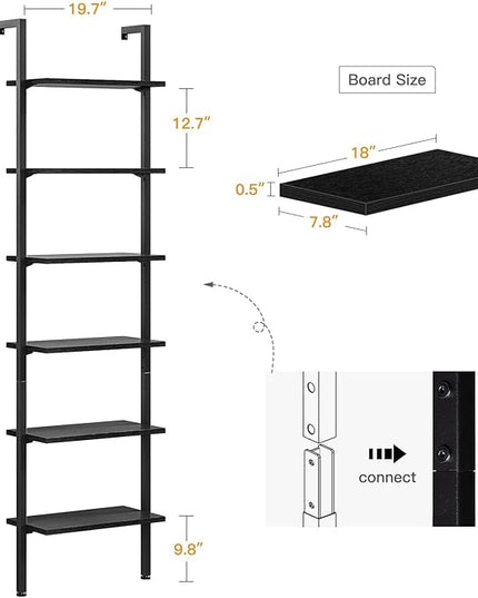 ODK 6-Tier Ladder Shelf, 87 Inches Wall Mounted Ladder Bookshelf with Metal Frame, Open Industrial Shelves for Home Office, Bedroom and Living Room, Black - LeafyLoom