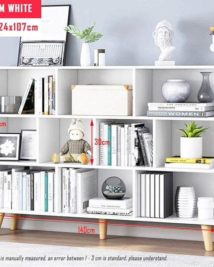 IOTXY Wooden Open Shelf Bookcase - 3-Tier Floor Standing Display Cabinet Rack with Legs, 10 Cubes Bookshelf, Warm White - LeafyLoom