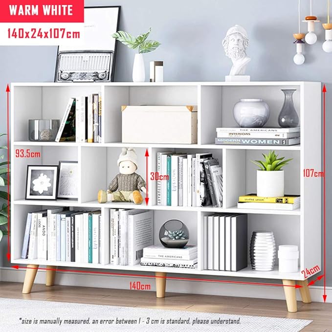 IOTXY Wooden Open Shelf Bookcase - 3-Tier Floor Standing Display Cabinet Rack with Legs, 10 Cubes Bookshelf, Warm White - LeafyLoom