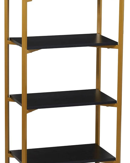Household Essentials Crown Narrow 4 Shelf Open Storage Bookshelf Black Oak Wood Grain and Gold Metal - LeafyLoom