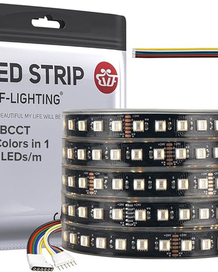 BTF-LIGHTING RGBCCT 5 Colors in 1 LED Tape Lights 5050SMD RGBWW RGB+Dimmable Color Temperature 2700K-6500K 16.4ft 96LED/m 480LED IP67 DC24V Black PCB for Home Decoration(No Adapter or Controller) BTF-LIGHTING