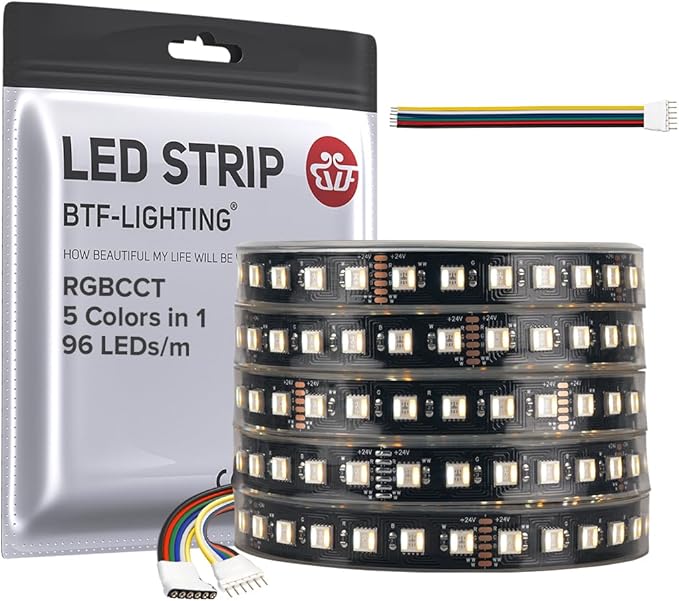 BTF-LIGHTING RGBCCT 5 Colors in 1 LED Tape Lights 5050SMD RGBWW RGB+Dimmable Color Temperature 2700K-6500K 16.4ft 96LED/m 480LED IP67 DC24V Black PCB for Home Decoration(No Adapter or Controller) BTF-LIGHTING