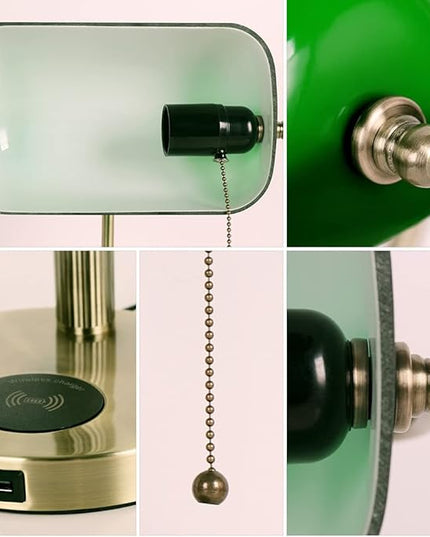 FIRVRE Glass Bankers Desk Lamp USB Wireless Charging Port LED Desk Lamp Classic Retro Pull Chain Switch Table lamp Reading Modern for Home Office nightstand Bedside Study Desk Library (Green) - LeafyLoom