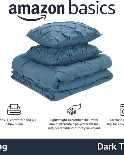 Amazon Basics All-Season Down-Alternative 3 Piece Comforter Bedding Set, King, Dark Teal, Pinch Pleat With Piped Edges - LeafyLoom
