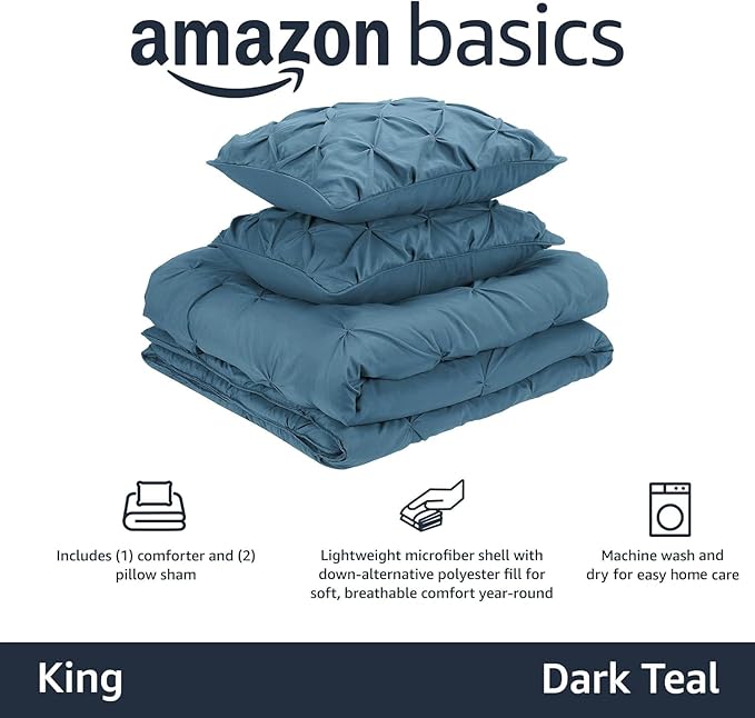 Amazon Basics All-Season Down-Alternative 3 Piece Comforter Bedding Set, King, Dark Teal, Pinch Pleat With Piped Edges - LeafyLoom