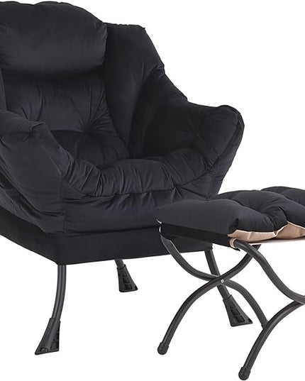 LITA Lazy Chair with Ottoman, Modern Accent Leisure Upholstered Sofa Chair, Contemporary Lounge Reading Chair with Armrests and a Side Pocket for Living Room, Bedroom & Small Space, Black - LeafyLoom