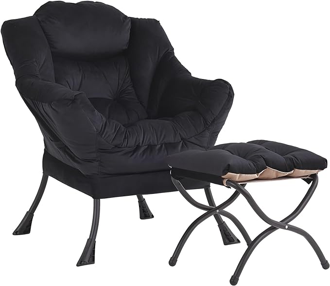 LITA Lazy Chair with Ottoman, Modern Accent Leisure Upholstered Sofa Chair, Contemporary Lounge Reading Chair with Armrests and a Side Pocket for Living Room, Bedroom & Small Space, Black - LeafyLoom