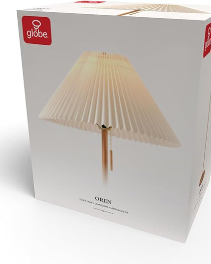Globe Electric 61000053 62" Floor Lamp, Faux Wood Finish, Pleated Fabric Shade, Flat Base, Pull Chain Switch on Socket, Reading Lamp, Home Office Accessories, Home Décor, Home Improvement - LeafyLoom
