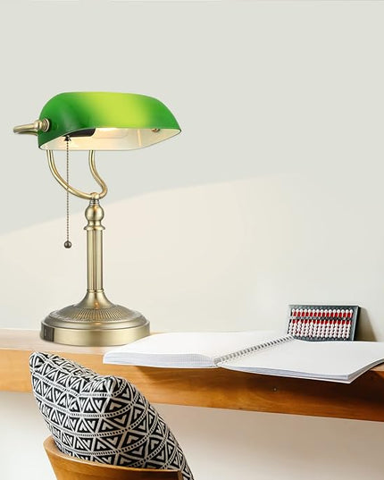 Newrays Green Glass Bankers Desk Lamp with Pull Chain Switch Plug in Fixture,USB Fast Charging Port - LeafyLoom
