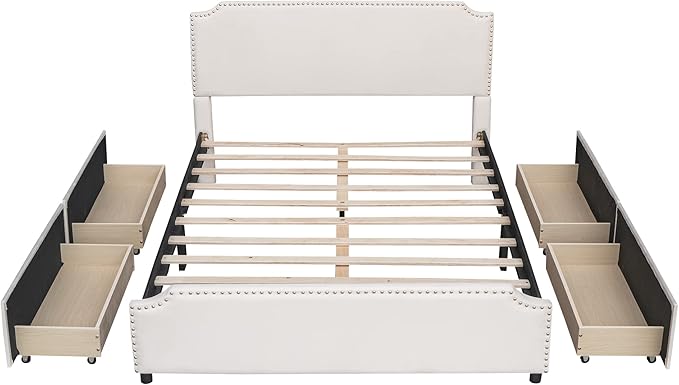 Queen Size Bed Frame with 4 Storage Drawers, Elegant Velvet Upholstered Platform Bed with Stud Trim Headboard and Footboard, Bedroom Furniture, No Box Spring Needed, Beige - LeafyLoom