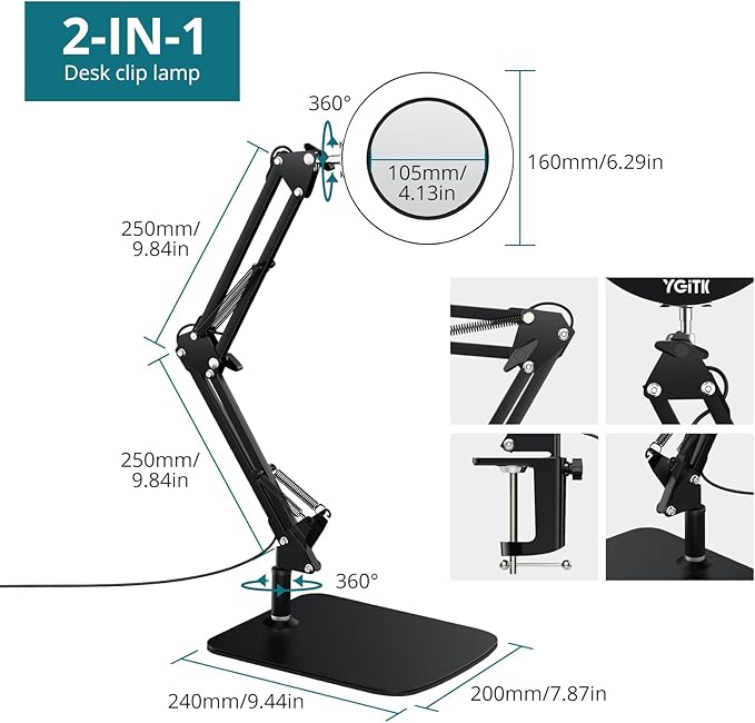 8X Magnifying Glass with Light and Stand, 2-in-1 Lighted Magnifier with Clamp,3 Color Modes Dimmable 10 Brightness Levels LED Desk Magnifying Lamp Hands Free for Crafts Hobby Reading Close Work - LeafyLoom