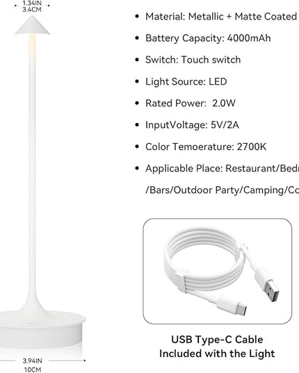 Set of 2 Cordless Table Lamp Rechargeable, Battery Operated Desk Lamp, 4000mAh LED Touch Lamp, Dimmable Portable Outdoor Waterproof Wireless Table Light for Restaurants/Bars/Outdoor(White) - LeafyLoom