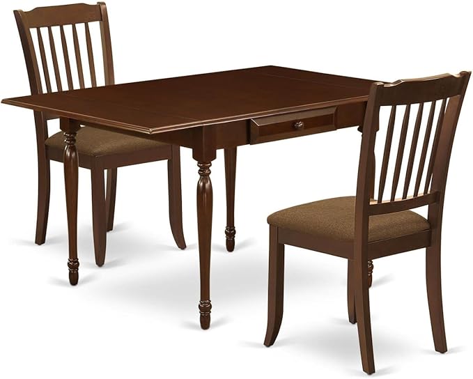 East West Furniture MZDA3-MAH-C Monza 3 Piece Kitchen Set for Small Spaces Contains a Rectangle Dining Table with Dropleaf and 2 Linen Fabric Upholstered Chairs, 36x54 Inch - LeafyLoom