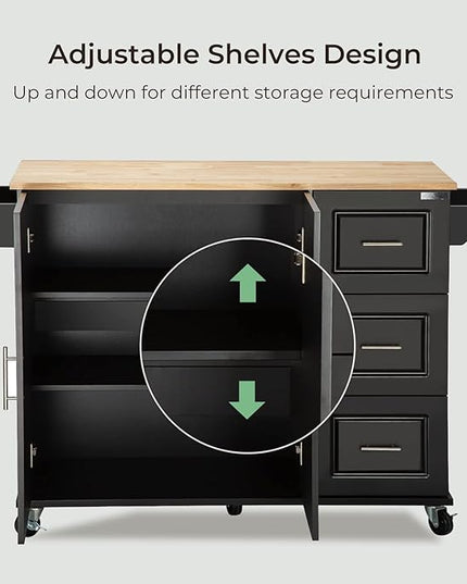 54" Large Kitchen Island Cart with Drop Leaf, Kitchen Island with Storage, Rolling Kitchen Island with Inside Cabinet, 3 Drawers, Spice Rack, Towel Rack and Wood Tabletop(Black) - LeafyLoom