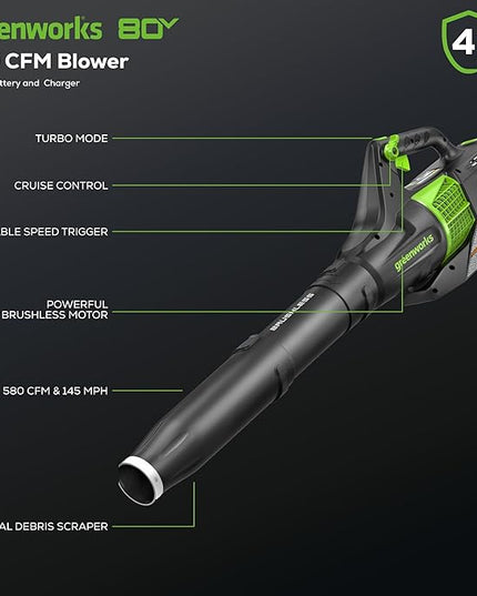 Greenworks 80V (145 MPH / 580 CFM / 75+ Compatible Tools) Cordless Brushless Axial Leaf Blower, 2.5Ah Battery and Charger Included - LeafyLoom