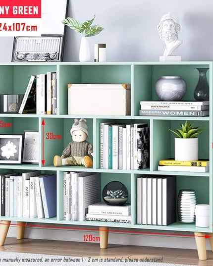 IOTXY Wooden Open Shelf Bookcase - 3-Tier Floor Standing Display Cabinet Rack with Legs, 10 Cubes Bookshelf, Tiffany-Green - LeafyLoom