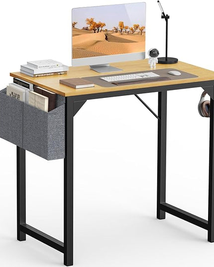 SMUG Computer Desk 32 Inch Home Office Writing Wood Storage Bag & Headphone Hook Small Spaces Simple Bedroom Work Study Kids Table, Natural - LeafyLoom