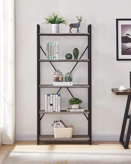BON AUGURE Industrial Bookshelf, Etagere Bookcases and Book Shelves 5 Tier, Rustic Wood and Metal Shelving Unit (Dark Gray Oak) - LeafyLoom