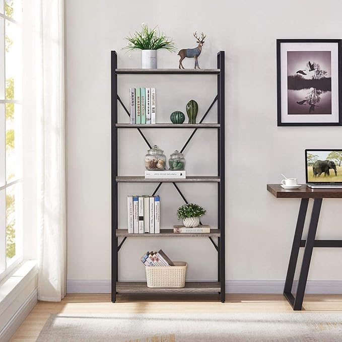 BON AUGURE Industrial Bookshelf, Etagere Bookcases and Book Shelves 5 Tier, Rustic Wood and Metal Shelving Unit (Dark Gray Oak) - LeafyLoom