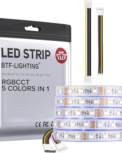 BTF-LIGHTING RGBCCT 5 Colors in 1 LED 5050SMD RGBWW RGB+Dimmable Tunable Color Temperature 2700K-6500K 16.4ft 60LEDs/m 300LEDs DC12V Multi-Colored Tape Lights IP67 White PCB(No Adapter or Controller) BTF-LIGHTING
