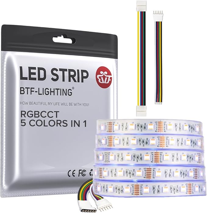 BTF-LIGHTING RGBCCT 5 Colors in 1 LED 5050SMD RGBWW RGB+Dimmable Tunable Color Temperature 2700K-6500K 16.4ft 60LEDs/m 300LEDs DC12V Multi-Colored Tape Lights IP67 White PCB(No Adapter or Controller) BTF-LIGHTING