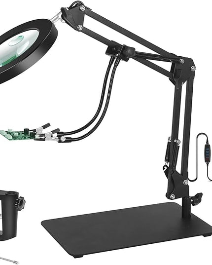 Magnifying Glass with Light and Stand, 3-in-1 Gooseneck Arms 3 Color Modes Stepless Dimmable, 10x&5X LED Desktop Magnifier with light Hands Free for Workbench Reading Crafts Painting Hobby Close Work - LeafyLoom