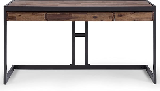 SIMPLIHOME Erina SOLID ACACIA WOOD Industrial 60 Inch Wide Writing Office Desk in Rustic Natural Aged Brown, For the Workstation and Study Table - LeafyLoom