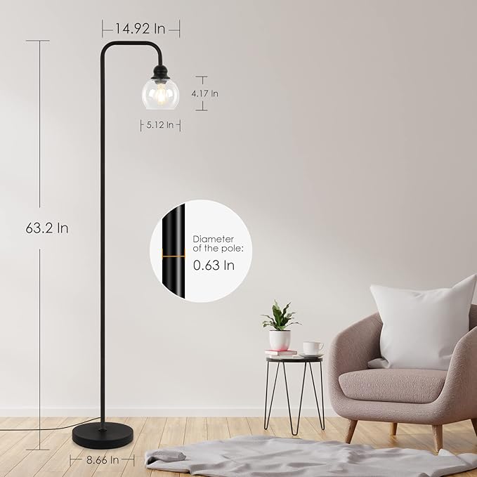 Modern Floor Lamps for Living Room with 6W LED Bulb, Industrial Floor Lamp, Clear Glass, Black Classic Reading Tall Lamp for Home Office, Standing Lamps for Bedroom, Study, Minimalist, Vintage - LeafyLoom