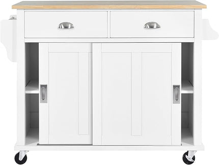 Kitchen Cart with Rubber Wood Drop-Leaf Countertop and Sliding Barn Door, Rolling Mobile Kitchens Island on Wheels w/Storage and Towel Rack for Dining Room Kitchen - LeafyLoom