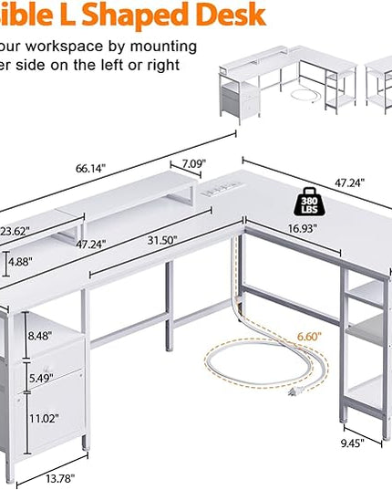 Furologee White 66” L Shaped Desk with Power Outlet, Reversible Computer Desk with File Drawer & 2 Monitor Stands, Home Office Desk with Storage Shelves, Corner Desk for Gaming Writing - LeafyLoom