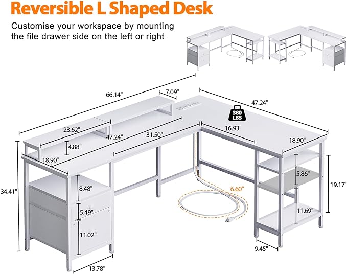 Furologee White 66” L Shaped Desk with Power Outlet, Reversible Computer Desk with File Drawer & 2 Monitor Stands, Home Office Desk with Storage Shelves, Corner Desk for Gaming Writing - LeafyLoom