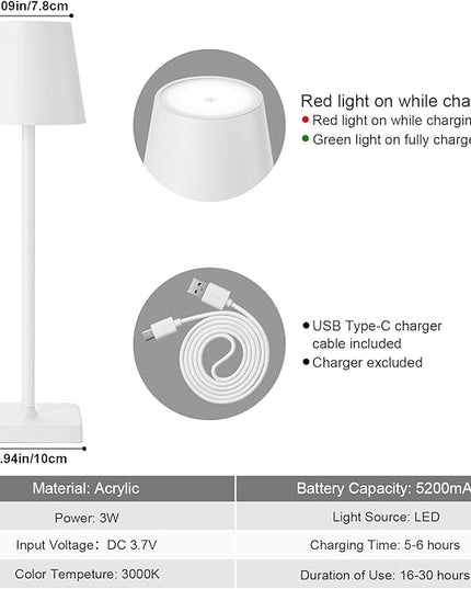 2 Pack Cordless Table Lamp Rechargeable LED Desk Lamp 5200mAh Aluminum Shell Battery Lamps Stepless Dimmable Portable Table Lights for Dinner/Restaurant/Outdoor IP54 Waterproof White - LeafyLoom