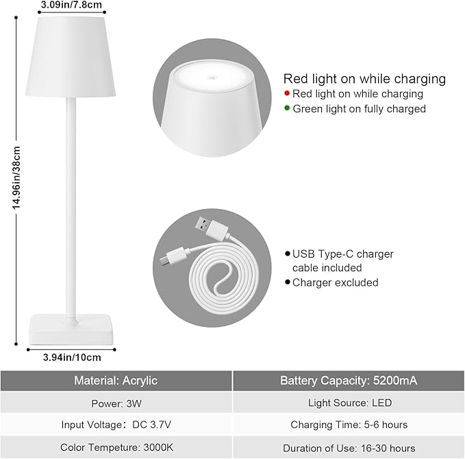 2 Pack Cordless Table Lamp Rechargeable LED Desk Lamp 5200mAh Aluminum Shell Battery Lamps Stepless Dimmable Portable Table Lights for Dinner/Restaurant/Outdoor IP54 Waterproof White - LeafyLoom