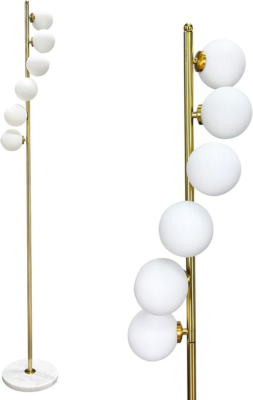 6 Globe Gold Mid Century Floor Lamp Glass Shade Antique Brass Modern Floor Lamps Contemporary Tall Pole Standing Lamp for Living Room Bedroom 3ColorTemperatures - LeafyLoom