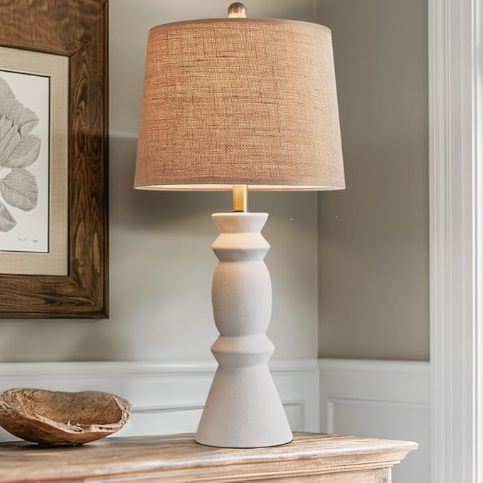 Oneach 25.75'' Farmhouse Ceramic Table Lamp for Living Room, Rustic White Bedside Lamps for Bedroom, Nightstand, Dining Room, Office, Table Decor… - LeafyLoom