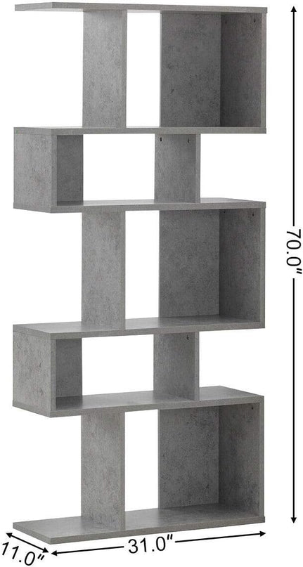 Giantex 5-Tier Geometric Bookshelf, 70" Tall Wood Freestanding Decorative Display Open Shelves with Anti-Tipping Device, Each Shelf Holds up to 44 lbs, Wooden S Shaped Bookcase, Gray - LeafyLoom