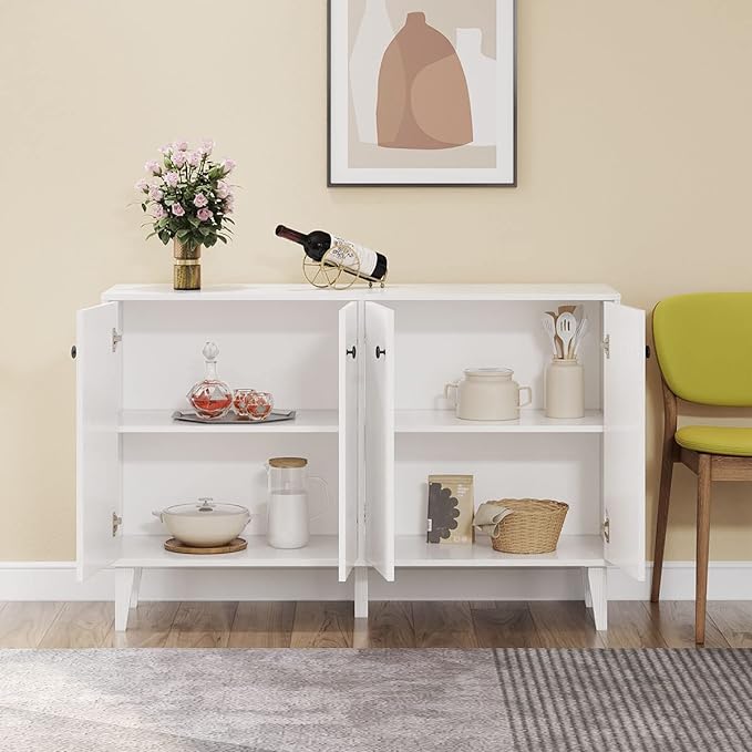 Panana Sideboard Buffet Cabinet Kitchen Storage Cabinet Living Room 4 Doors Console Table (White) - LeafyLoom