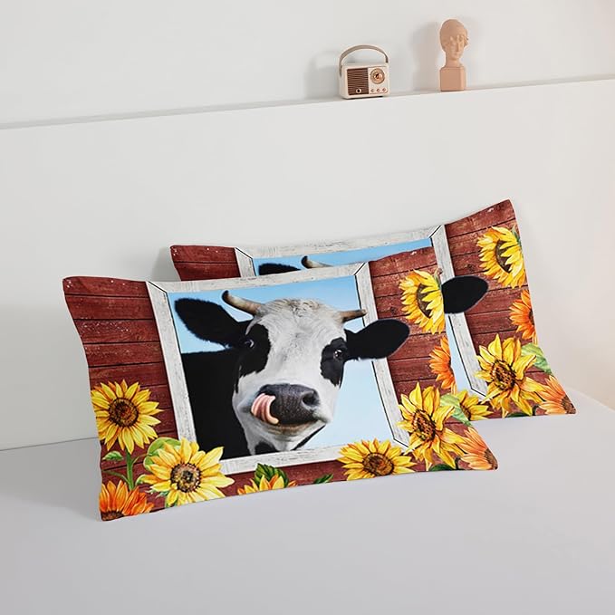 HOSIMA Farmhouse Animal Cow Comforter with 2 Pillowcases,Wooden Decor Terracotta Comforter Twin Bed in a Bag Sets for Adults Teens,Cow Print Bedding Room Decor,Sunflower Comforter Set. - LeafyLoom