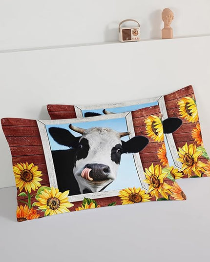 HOSIMA Farmhouse Animal Cow Comforter with 2 Pillowcases,Wooden Decor Terracotta Comforter Set Queen Size for Adults Teens,Cow Print Bedding Room Decor,Sunflower Comforter Set. - LeafyLoom