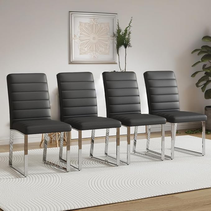 NicBex Dining Chairs Set of 2 Modern Faux Leather High Back Dining Room Kitchen Chairs with Silver Metal Legs,Chairs for Dining Room, Kitchen,Living Room, and Restaurants,Black - LeafyLoom