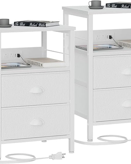 Furologee Nightstands Set of 2, End Tables with Charging Station and USB Ports, Side Tables with 2 Fabric Drawers, Night Stands with Storage Shelf & 2 Hooks, for Living Room/Bedroom, White - LeafyLoom