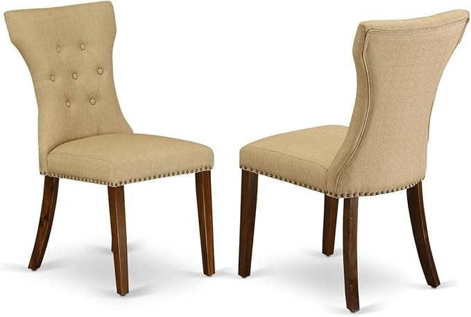 East West Furniture ANGA5-ANA-03 5 Piece Dining Set for 4 Includes a Round Kitchen Table with Pedestal and 4 Brown Linen Fabric Upholstered Parson Chairs - LeafyLoom