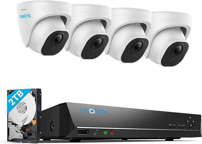 REOLINK 4K Security Camera System, 4pcs H.265 PoE Wired Turret Cameras with Person Vehicle Detection, 4K/8MP 8CH NVR with 2TB HDD for 24-7 Recording, RLK8-800D4 REOLINK
