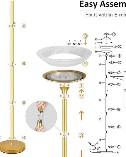BoostArea Torchiere Floor Lamp, 24W Super Bright LED Standing Lamp, 3000K Stepless Dimmable Pole Lamp with Rotary Switch, 70 Inch Tall Metal Modern Floor Lamps for Living Room/Bedroom/Office/Den, Gold - LeafyLoom