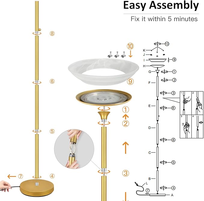 BoostArea Torchiere Floor Lamp, 24W Super Bright LED Standing Lamp, 3000K Stepless Dimmable Pole Lamp with Rotary Switch, 70 Inch Tall Metal Modern Floor Lamps for Living Room/Bedroom/Office/Den, Gold - LeafyLoom