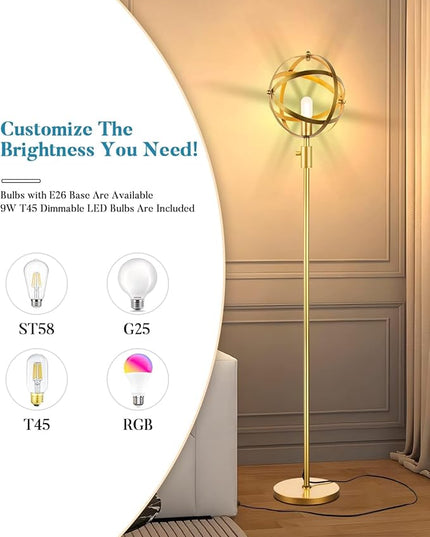 Lightdot 65IN Dimmable (Brightness Adjustable) Industrial Floor Lamp, Gold Spherical Standing Lamp with 3000K E26 LED Bulb, Unique Farmhouse Tall Lamp for Living Room Bedroom Sofa Coner - LeafyLoom