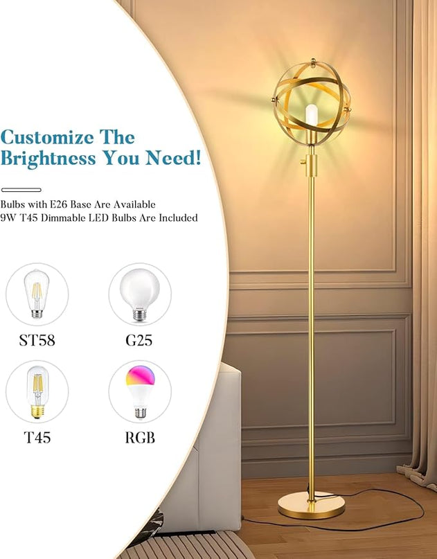 Lightdot 65IN Dimmable (Brightness Adjustable) Industrial Floor Lamp, Gold Spherical Standing Lamp with 3000K E26 LED Bulb, Unique Farmhouse Tall Lamp for Living Room Bedroom Sofa Coner - LeafyLoom