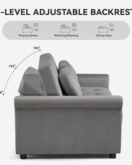 COMHOMA 55" Sleeper Sofa Bed, 3-in-1 Pull Out Couch with Adjustable Backrest and Pillows, Convertible Sleeper Couch for Living Room and Office (Grey) - LeafyLoom
